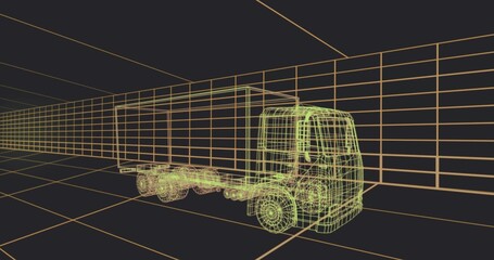 Showing neon wireframe box truck cab cargo chassis on grid, revealing wheels axles vanishing-point