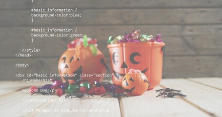 Fototapeta premium 2 pumpkin buckets spilling candies or spiders on wood table, HTML overlay showing John Doe IT Manage