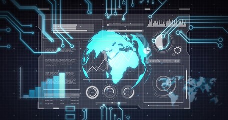 Displaying central holographic globe projecting data on dark grid HUD, with line charts, gauges