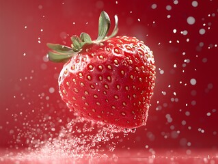 Close up of ripe strawberry with water droplets and splashes fruit studio