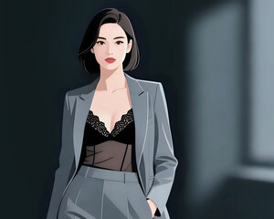 Confident woman in suit A stylish woman in a gray business suit standing in a dimly lit office, exuding confidence, strength, and modern professionalism.