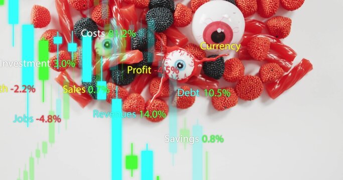 Naklejki Showing red black candy pile with white eyeballs on white sheet, displaying candlestick data