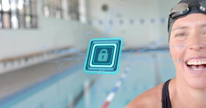 Smiling adult swimmer wearing black suit and cap standing at lap pool, digital padlock, copy space - Powered by Adobe
