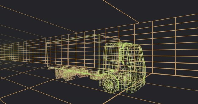 Fototapeta Showing neon wireframe box truck cab cargo chassis on grid, revealing wheels axles vanishing-point