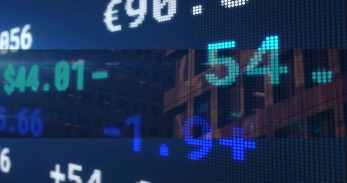 Showing LED ticker numbers on dot-matrix, with currencies and reflected building in financial area - Powered by Adobe