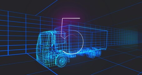 Fototapeta premium Displaying wireframe 3D semi-truck with trailer rotating in virtual grid studio, with numeral 5