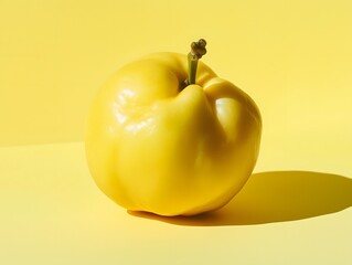 A whole ripe yellow quince fruit sits on a yellow background studio ads