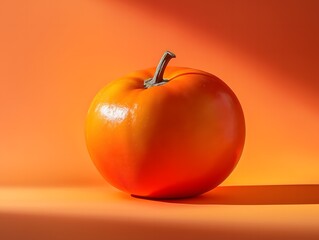 Single ripe persimmon with stem against orange gradient background fruit