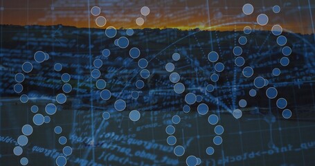 Obraz premium Displaying blue nodes forming helix strands over dark ridge at sunset, with grid and code lines