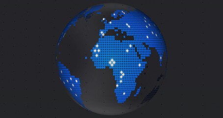 Fototapeta premium Dominating stylized globe showing Africa, Europe, Mideast in digital studio, with white data nodes