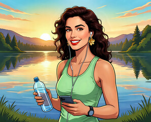Smiling woman jogging near lake A woman in a green sports top holding a water bottle and phone, jogging by a calm lake at sunrise, representing fitness, wellness, and positive lifestyle.