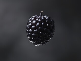Close up macro shot of a single fresh dark blackberry against a dark background