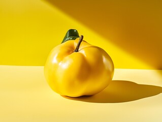 Bright yellow quince with green leaf and stem studio lighting fruit ads