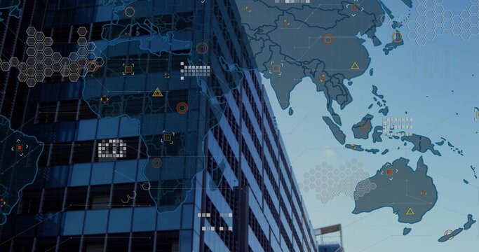 Displaying glass tower at street level reflecting windows and showing Asia map overlay, hex grid