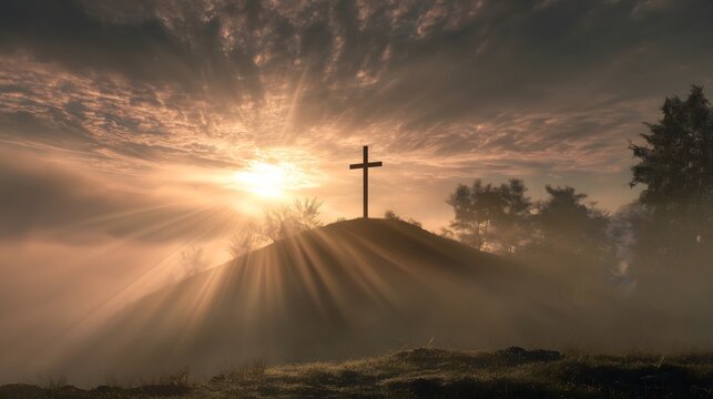 Cross on Hill at Sunrise with Sunbeams and Mist