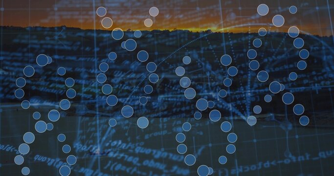 Fototapeta Displaying blue nodes forming helix strands over dark ridge at sunset, with grid and code lines