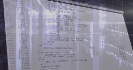 Displaying translucent code column overlaying server racks, showing LED status lights and glass