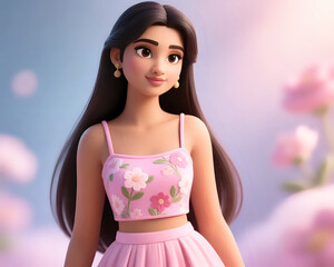 Animated girl with floral dress A smiling 3D-style girl with long hair wearing a pink floral top and skirt, standing in a dreamy pastel background with soft light.