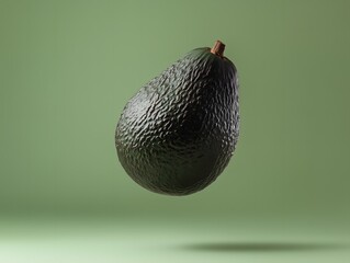 Single whole dark green avocado with textured skin floating fruit studio