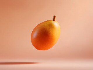 Ripe orange pear with stem floating on peach background with shadow fruit