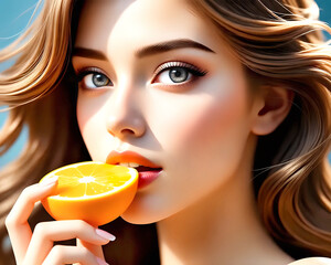 Woman holding orange slice A beautiful young woman with glowing skin holding an orange slice near her lips, symbolizing freshness, beauty, and natural vitality.