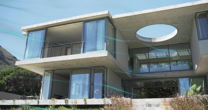 Showing two-story concrete glass house in yard, featuring cantilever slabs, oculus and teal mesh