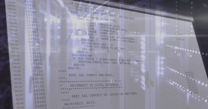 Displaying translucent code column overlaying server racks, showing LED status lights and glass