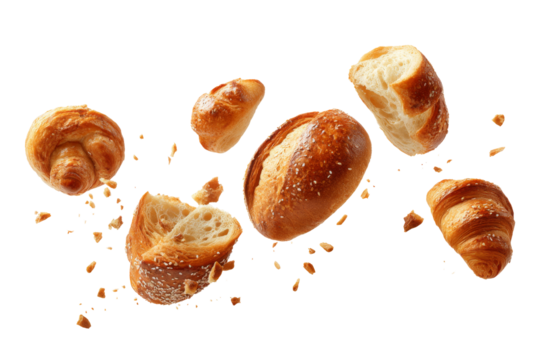 Assorted croissants and bread rolls with crumbs isolated on transparent background