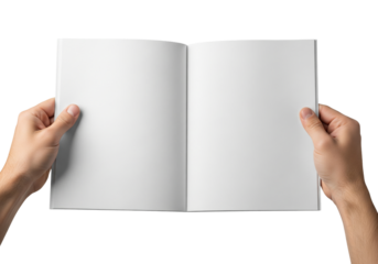 Male hands holding an open blank book or brochure for mockup, isolated on white