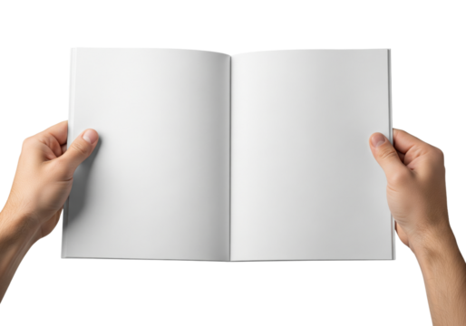 Male hands holding an open blank book or brochure for mockup, isolated on white