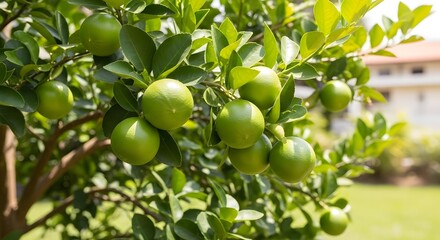 Green Limes Growing on Tree Branch with Leaves in Sunlight