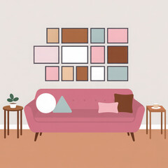 Cozy living room with pink sofa and gallery wall 