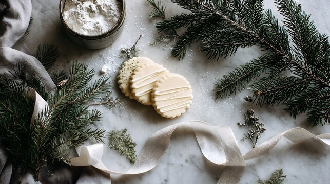Festive cookies and evergreen branches on marble surface - Powered by Adobe