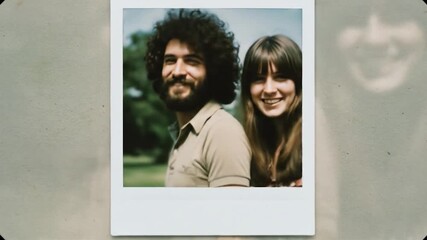 A retro instant photo captures a smiling couple outdoors - Powered by Adobe