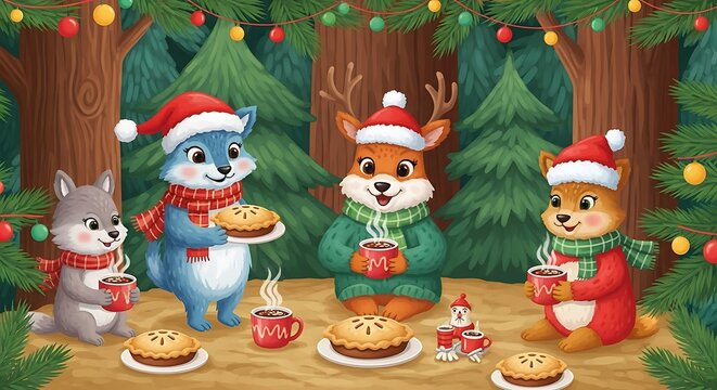 Festive Forest Friends Enjoying Holiday Treats and Warm Drinks. - Powered by Adobe