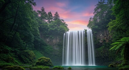 Cascading water plunges into a jungle pool beneath a vibrant twilight sky