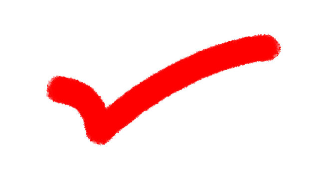 Red check mark on transparent background to indicate correct choice or completion of task with digital drawing and rough brush stroke to display approval concept for design needs