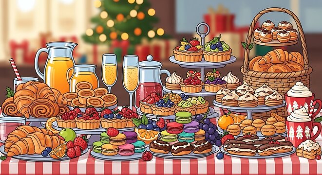 Festive Christmas Dessert Table with Pastries and Drinks.