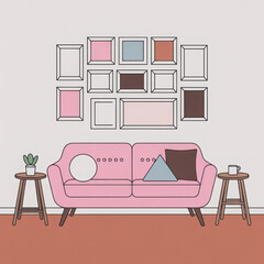Minimalist living room interior with pink sofa and gallery wall