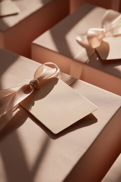 Elegant hang tags and discount labels clipped to luxury packaging, accent ribbons, soft lighting