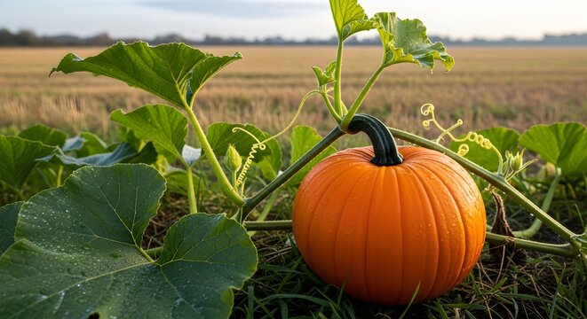 Ripe Orange Pumpkin Growing on Vine in Field at Sunrise - Powered by Adobe