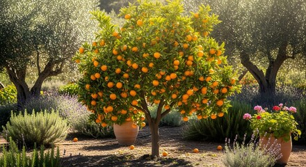 Ripe Oranges on Tree in Mediterranean Garden with Olive Trees and Lavender
