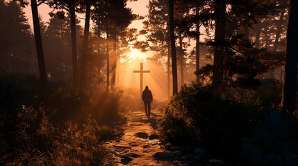 Fototapeta premium Silhouette of person walking towards cross in misty forest at sunrise