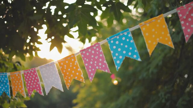 Outdoor birthday party decor with colorful flags on tree
