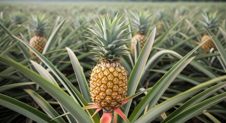 Fototapeta premium Ripe Pineapple Growing in a Lush Tropical Plantation Field