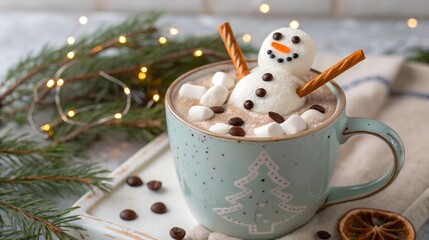 Hot chocolate with snowman marshmallow in a mug for winter