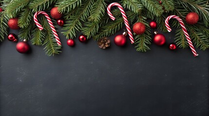 Christmas decoration with candy cane and red baubles on black