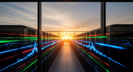 Illuminated server racks with colorful led lights stretching towards a vibrant sunset in a modern data center