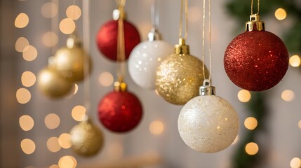 Christmas ornaments hanging with blurred lights background