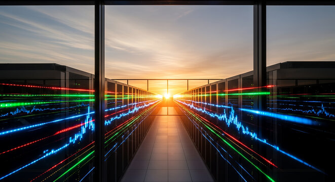 Illuminated server racks with colorful led lights stretching towards a vibrant sunset in a modern data center